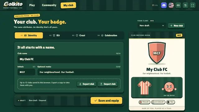 Golkito My club editor: name, initials, motto, kit and crest