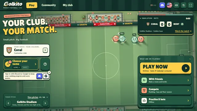Golkito home screen: your club, the exhibition match and the Play now button