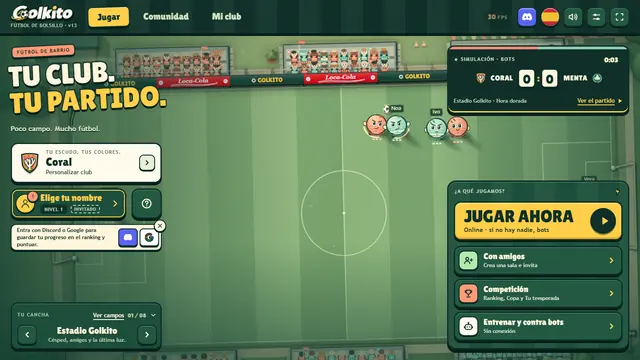 Pantalla de inicio de Golkito: tu club, el partido de exhibición y el botón Jugar ahora