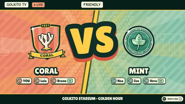 Golkito TV kick-off screen: Coral versus Mint with their crests and line-ups