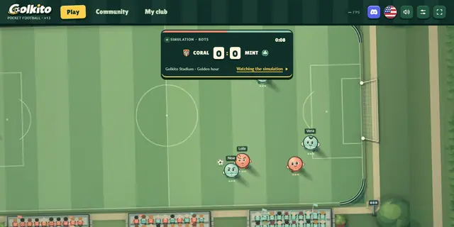 A Golkito match on desktop: top-down pitch with the scoreboard