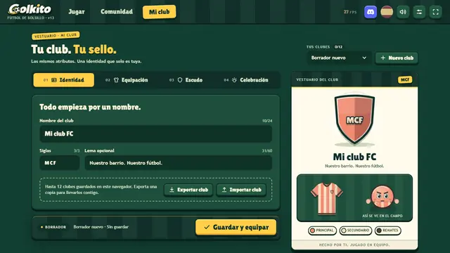 Editor Mi club de Golkito: nombre, siglas, lema, equipación y escudo del club