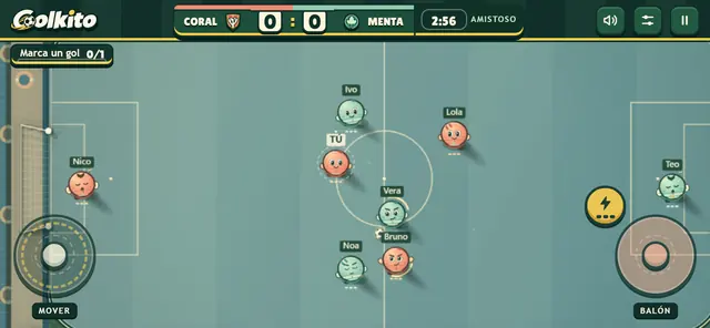 Partido 4 contra 4 de Golkito en un móvil en horizontal, con los dos joysticks táctiles