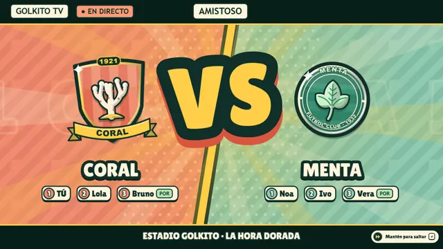 Presentación del partido en Golkito TV: Coral contra Menta con sus escudos y alineaciones